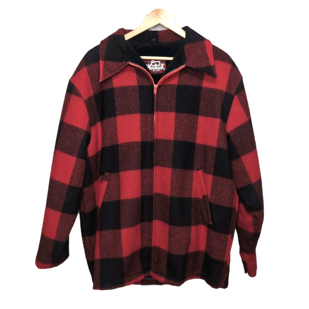 Y2K Woolrich Red Buffalo Plaid Wool Blend Jacket Mens L Full‎ Zip Fleece Lined